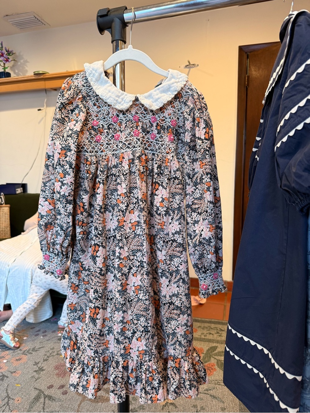 Girls Floral Smocked Long-Sleeve Dress with White Peter Pan Collar